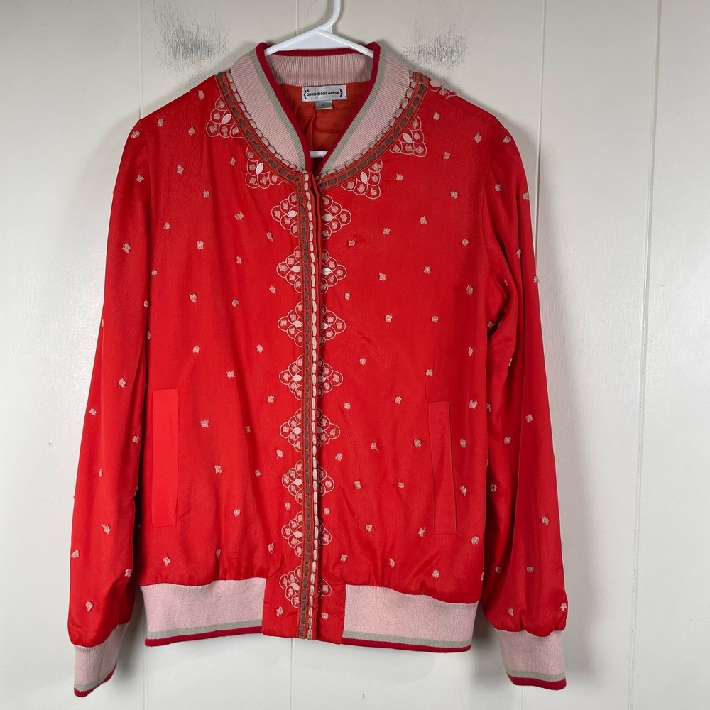 Conditions Apply Red Embroidered Bomber Jacket Women's Size M‎